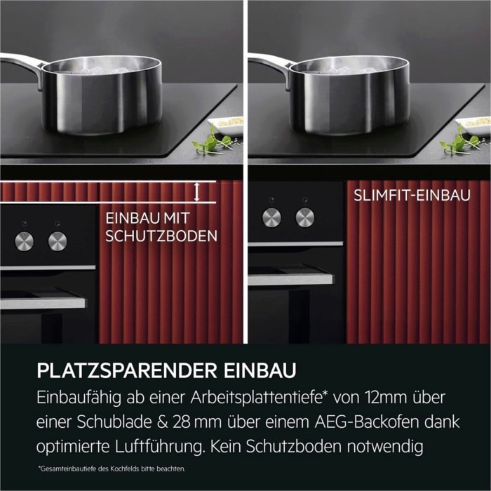 Vergleich zweier Einbauvarianten eines Kochfelds: links mit Schutzboden, rechts SlimFit ohne Schutzboden, platzsparend integriert.